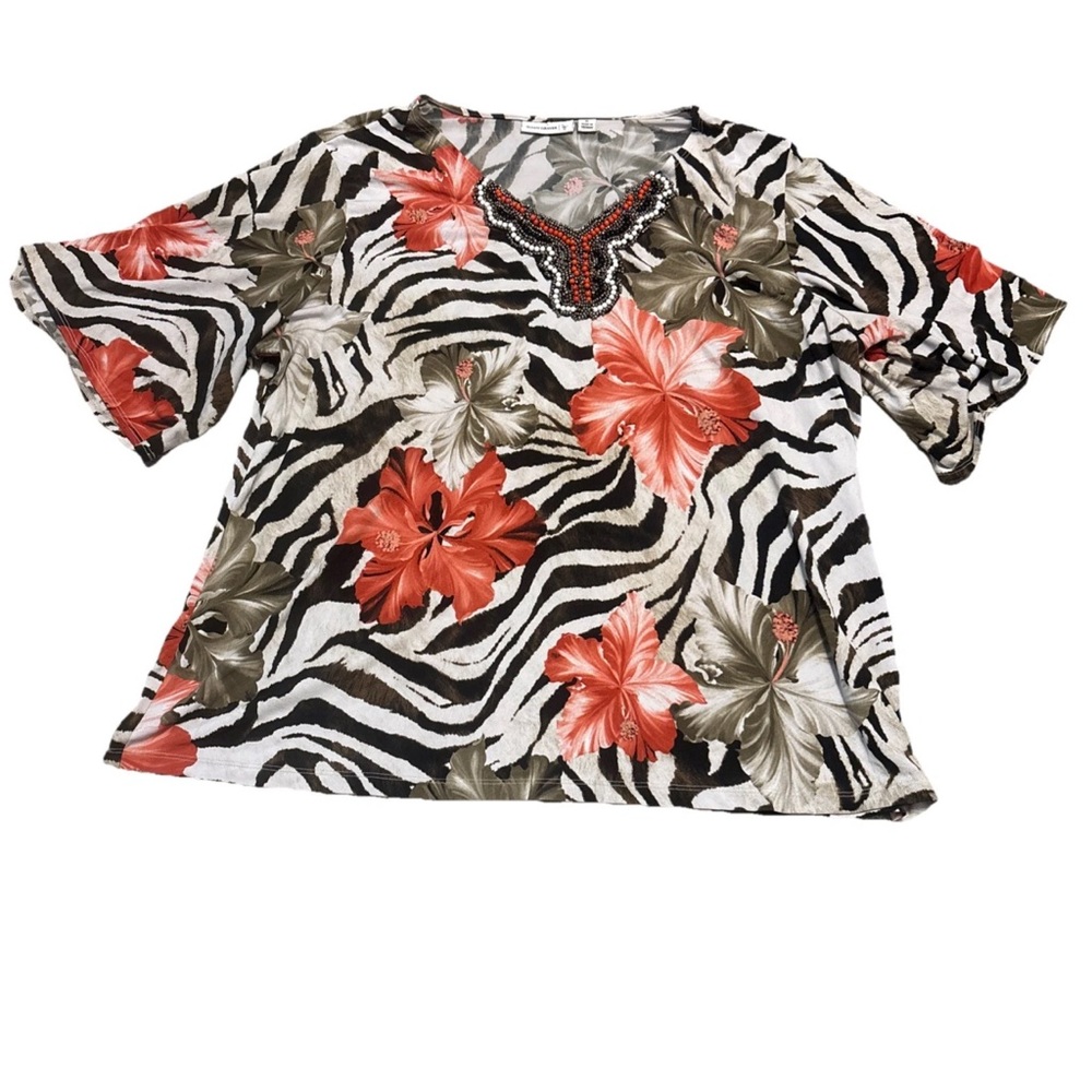 Susan Graver Printed Liquid Knit Short Sleeve Peasant Zebra Floral Blouse SZ XL